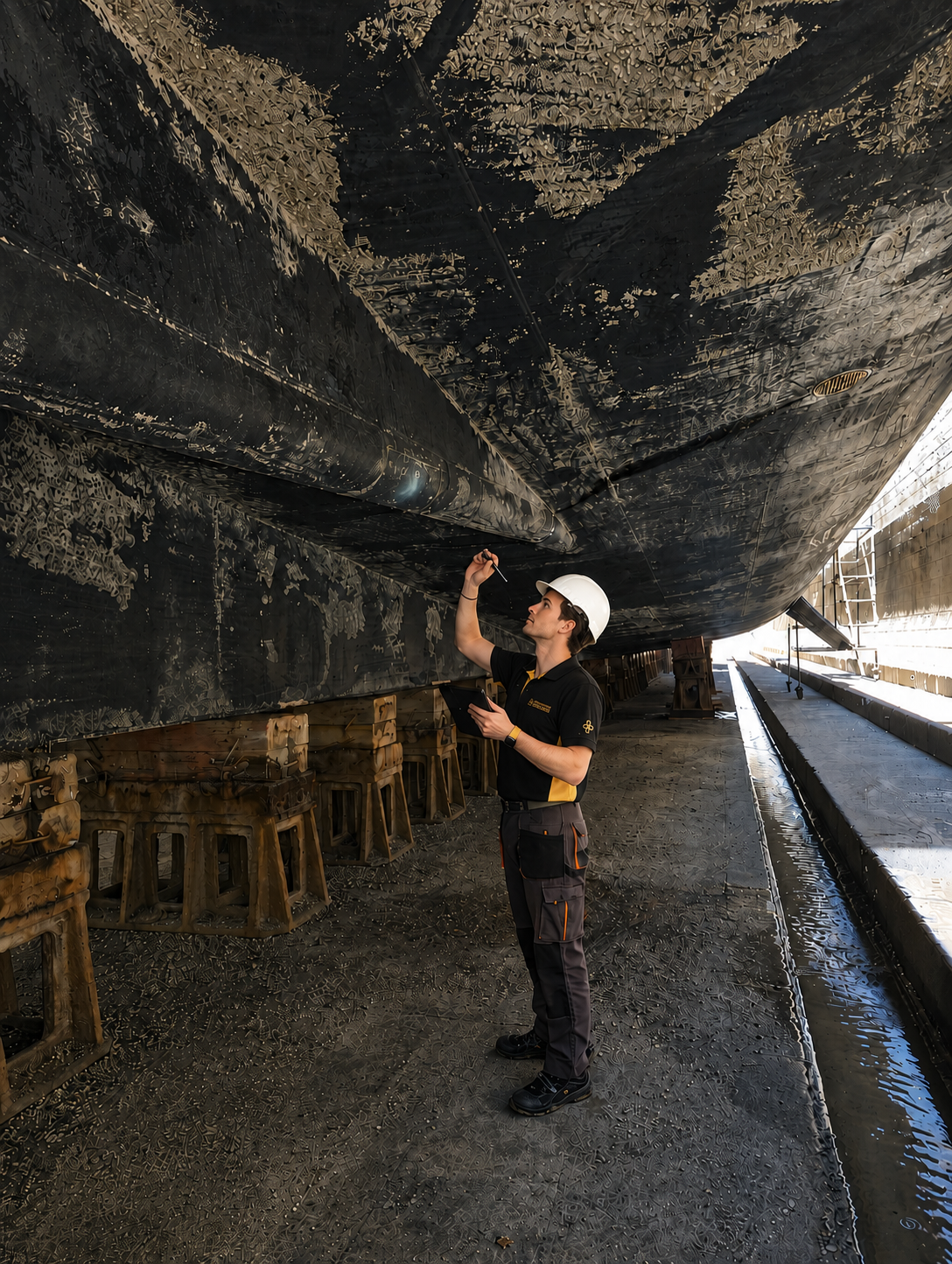 Marine surveyor inspecting the underside of a vessel in a shipyard